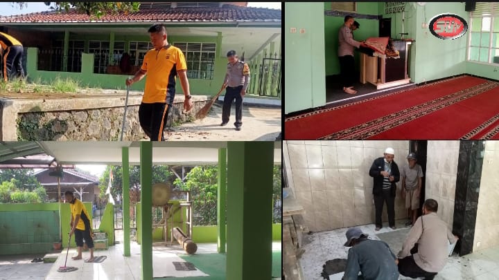 Bantu Marbot Kanit Binmas Polsek Gunungguruh Bersama Anggota, Laksanakan Jumsih, Bersihkan Mesjid Al-Ikhlas