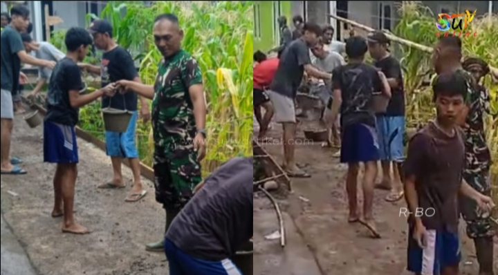 Babinsa Cikahuripan Koramil 09/Cisaat Bersama Warga Adakan Karya Bakti membangun Jalan Lingkungan