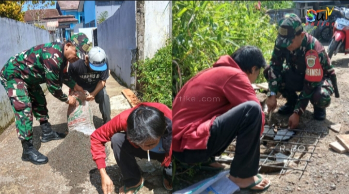 Babinsa Kel Subang jaya Bersama Warga Laksanakan Karya Bakti Perbaikan Jalan lingkungan
