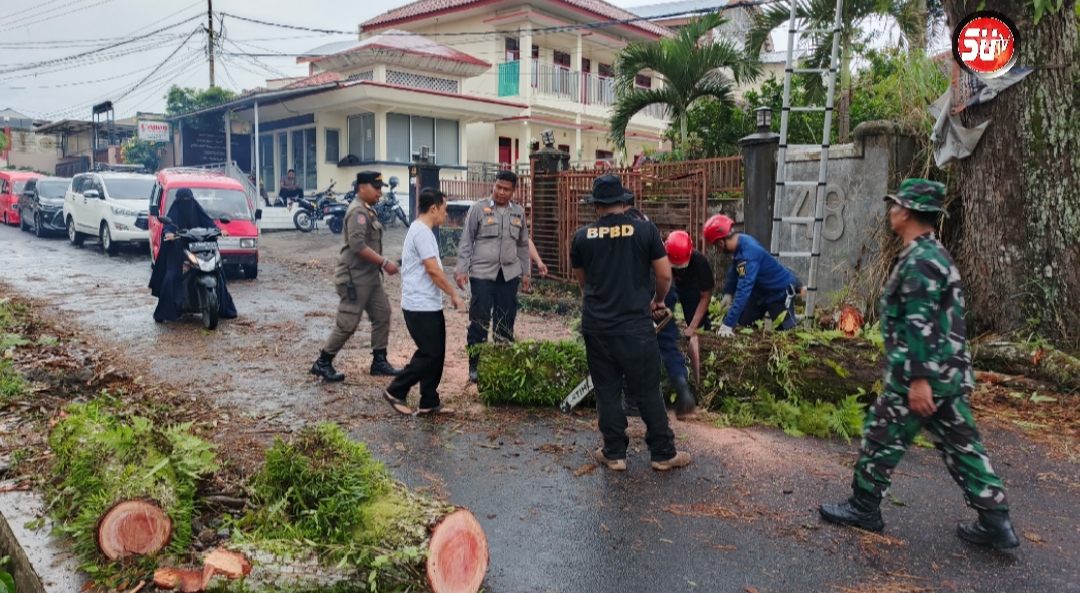 Babinsa Gunungjaya Koramil 09/Cisaat Bantu Evakuasi Pohon yang Akan Tumbang
