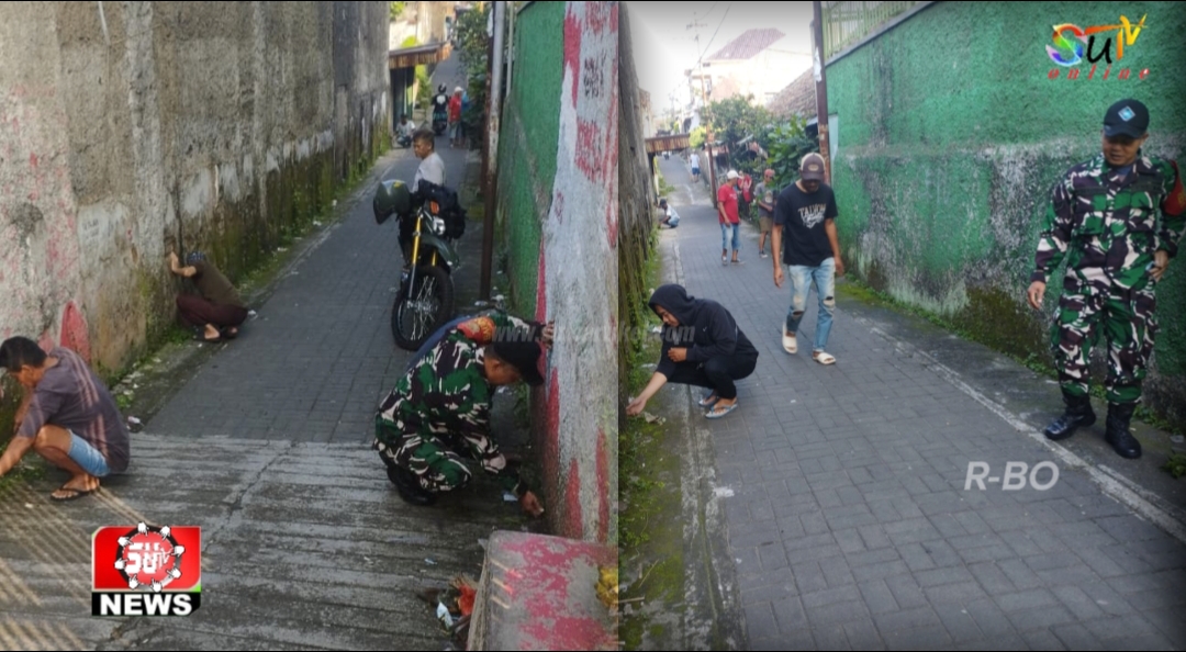 Babinsa Sukaresmi Koramil 00607-09/Cisaat Bersma Warga Kerja Bakti Pembersihan Jalan Gang