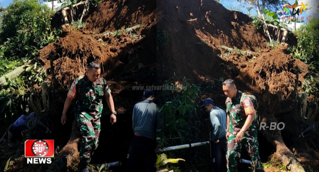 Babinsa Sukamanis Koramil 0607-09/Cisaat Membantu Masyarakat Tinjau Lokasi Longsor